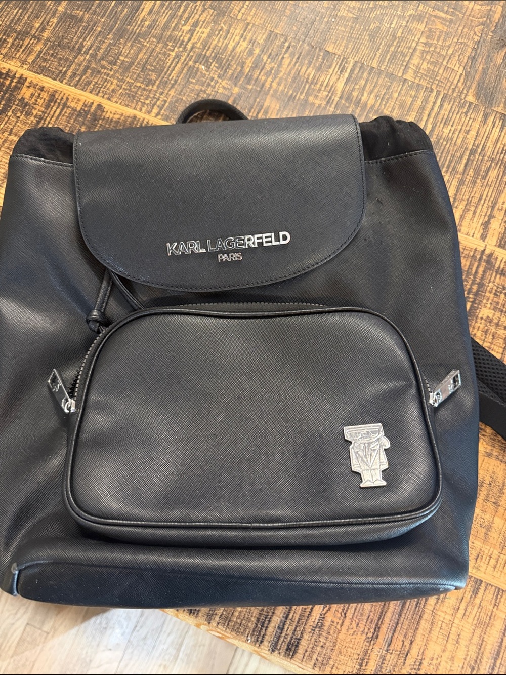 Karl Lagerfeld Black Saffiano Drawstring Backpack with Front Pocket